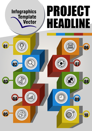 Modern infographic project template with multicolored cubes, icons and numbers, presentation of ten elements on gray gradient background, 3d objects, Vector EPS 10のイラスト素材