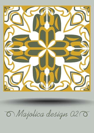Faience ceramic tile in nostalgic ocher and olive green design with white glaze. Classic ceramic majolica. Traditional vintage spanish pottery product with multicolored geometric ornament. Vector EPS 10のイラスト素材
