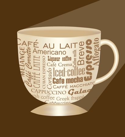 Classical beige porcelain coffee cup with lettering patterns, different kinds of coffee, 3d isolated cup on dark brown background, Vector EPS 10のイラスト素材