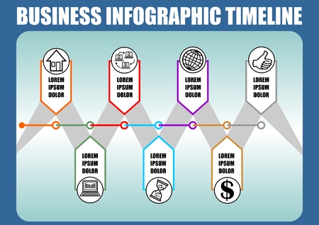 Infographic timeline template, abstract vector with seven elements, icons and copy space, blue gradient background with dark blue frame Vector EPS 10のイラスト素材