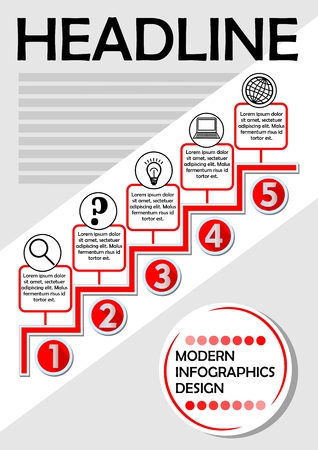 Infographic process template in red and gray design, abstract vector with staircase elements.のイラスト素材