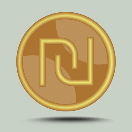 Israeli currency shekel symbol in circle gold metallic design isolated on gray background with shadow.のイラスト素材