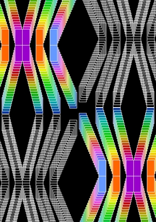 Colorful psychedelic background with rectangle ornaments in vivid colors, multicolored high contrasting rainbow vector on black background.のイラスト素材