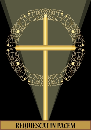 Classical luxury funereal decoration with golden crucifix with golden floral decoration and swirly elements on black background, burial decoration in Victorian style.のイラスト素材