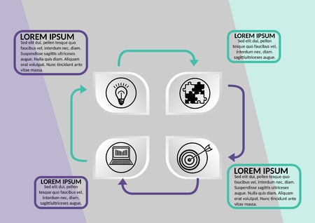 Modern infographic process visualization template, horizontal orientation, abstract vector with embossed graphic elements, icons and copy space, four presentation elements availableのイラスト素材