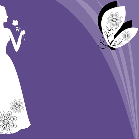 Ultraviolet background with victorian lady silhouette, trendy purple color, elegant template, woman with roses and butterfly, template for invitation, announcement, flyer,のイラスト素材