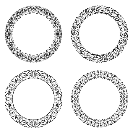 Filigree round frame, calligraphic circle lace patterns in monochrome design. Embroidery template. Delicate fine geometric patterns.のイラスト素材