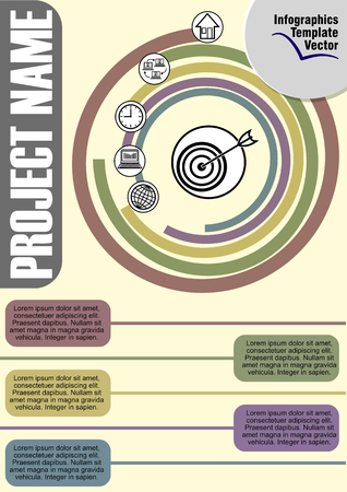 Infographic project visualization template, abstract vector with in circle composition, icons and copy space, five multicolored elements availableのイラスト素材