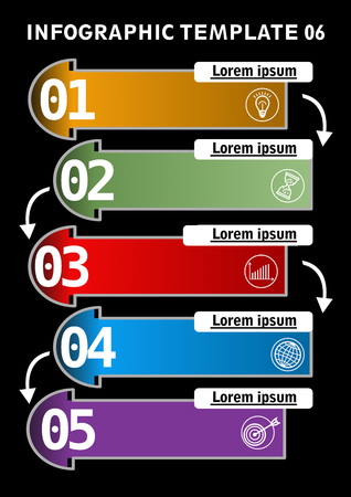 Infographic process visualization template, abstract vector with icons, arrows and copy space, five multicolored fields on black background availableのイラスト素材
