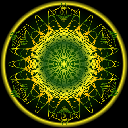 Mandala in spring nature colors for vitality obtaining. Filigree embroidery patterns in yellow, orange and green.の写真素材