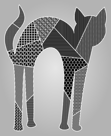 Patchwork cat silhouette in light gray and black design on gray gradient background.のイラスト素材