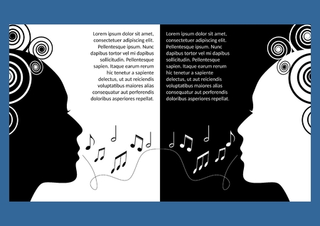 Music festival flyer, leaflet. Monochrome symmetric design, black and white. Woman face profile cut out, musical notes. Singing girls. Concert program template.のイラスト素材