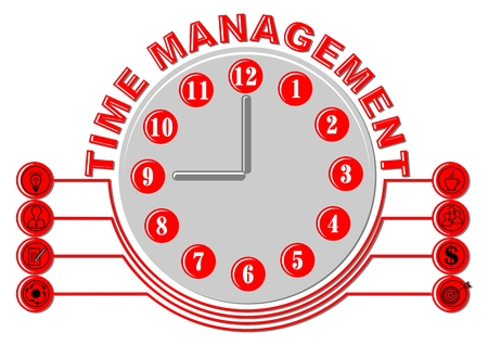 Time management thema with glock face and business icons, gray and red design on white background.のイラスト素材