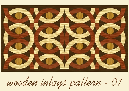 Wood art inlay tile, geometric ornament from dark and light wood in antiquarian style, wooden texture in four color shadesのイラスト素材