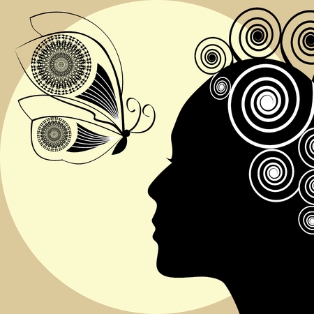 Black woman profile silhouette on yellow background with butterfly. Placard, flyer, leaflet design with empty area for own message.のイラスト素材