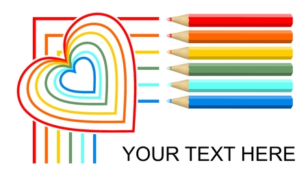 Multicolored crayons drawing lines and rainbow monoline heart, banner design on white background. Six pencils in red, orange, yellow, green, turquoise and blueのイラスト素材