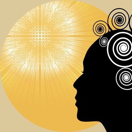 Woman profile silhouette, black silhouette on yellow background with sunrays. Placard, flyer, leaflet design with empty area for own message.のイラスト素材