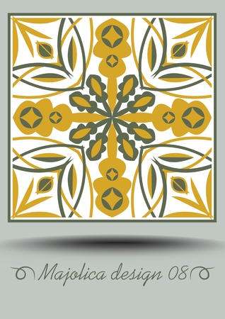 Majolica traditional ceramic tile in nostalgic ocher and olive green design with white glaze. Typical ceramic, azulejo portuquese pottery product with multicolored geometric ornament.のイラスト素材