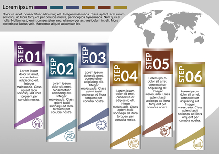 Professional infographic process visualization template, abstract vector with icons and copy space, six multicolored elements available, gray background with earth mapのイラスト素材