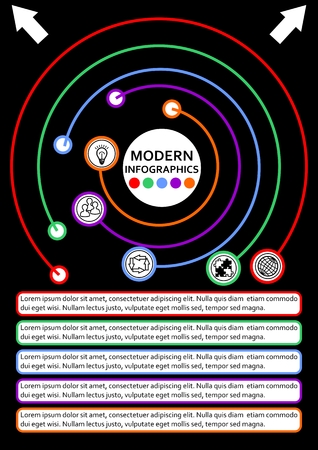 Infographic template in circle design, process visualization on black background, abstract vector with icons and copy space, five multicolored elements availableのイラスト素材