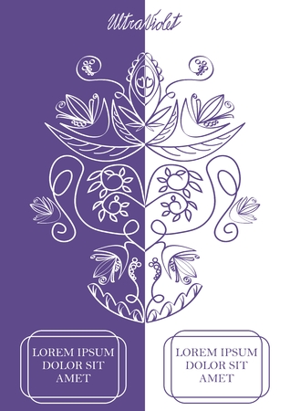 Ultraviolet and white vertically divided background with monoline vintage flourish patterns, two text frames, trendy purple color combined with white, elegant templateのイラスト素材