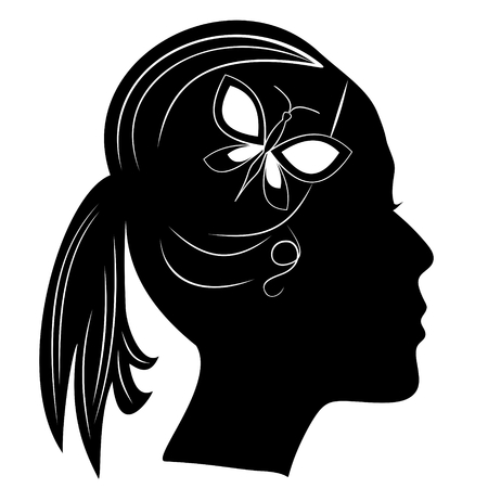 Silhouette of a girls head with ponytail hairstyle. Black woman profile with butterfly in hairs. Motif for cosmetics etiquette illustration.のイラスト素材