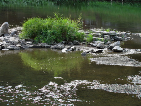 Garden pond with clear water, stone island with a lawn of grassの写真素材