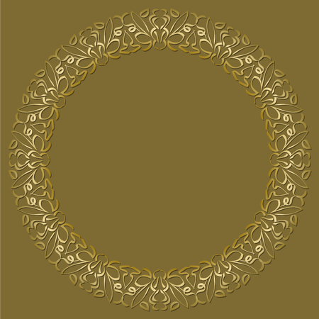 Golden circle frame on dark golden background. Filigree lace patterns, luxurious art deco design invitation. Embossed patterns with 3d effect.のイラスト素材
