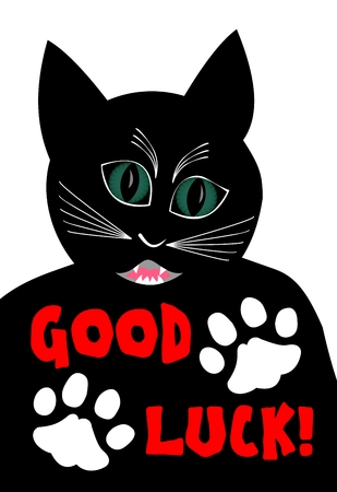 Angry black cat wishing good luck. Cartoon of black tomcat on white background, two white cat paws, Vector illustrationのイラスト素材