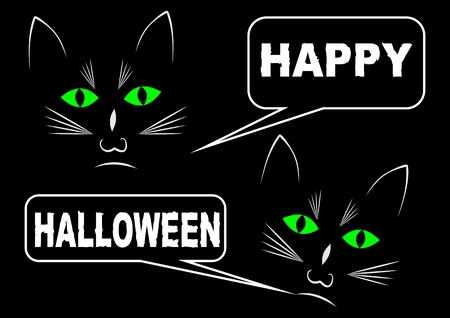Black cats on black background wishing happy halloween. White drawing with white callouts and message, green cat eyes shining in the darkのイラスト素材