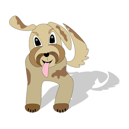 Cute beige mottled dog running with torn tongue, cartoon illustration with shadow isolated on white backgroundのイラスト素材
