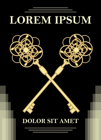 Antique artistic golden keys crossed on black background, flyer, leaflet design, place for your own text, invitation poster, vernissage notificationのイラスト素材