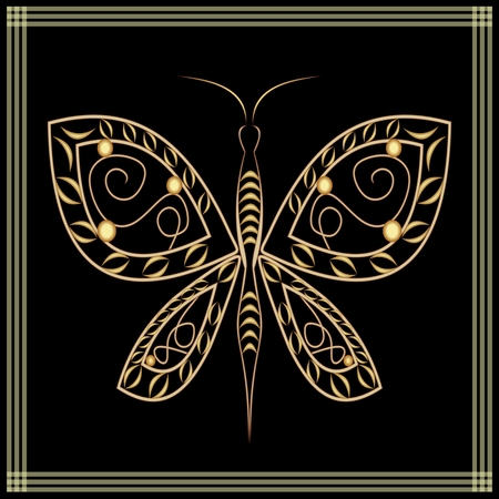 Gold Lace butterfly on black background. Filigree decorative drawing with embossed effect,の写真素材