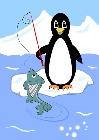 Cute penguin fishing on ice floe, penguin cartoon with green fish on hookの写真素材