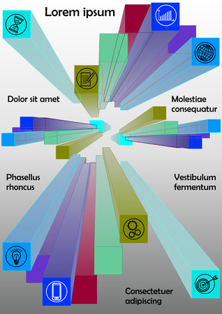 Infographics template with group of colored prisms, business icons, graphics on grey and white gradient,の写真素材