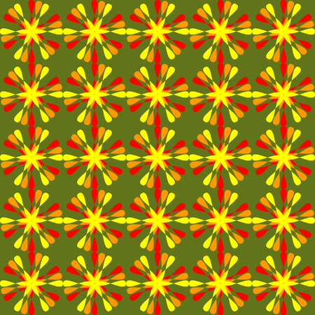 Summer floral patterns, cheerful floral ornament in red and orange on live green background. Seamless background in vivid colors.の写真素材