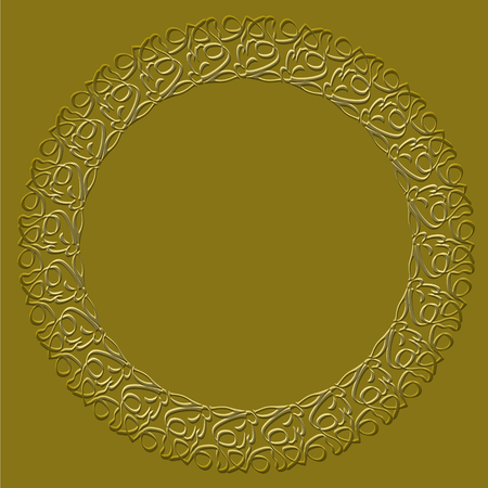 Golden circle frame on dark golden background. Filigree lace patterns, luxurious art deco design. Template for announcement, invitation. Embossed patterns with 3d effect.のイラスト素材