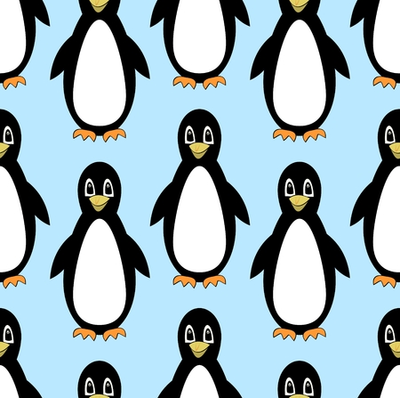 Penguins, cute cartoon on seamless light blue background, beautiful textile design for children, vector illustrationのイラスト素材