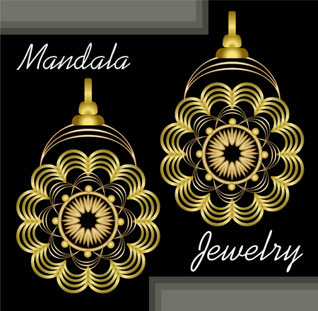 Golden earrings in mandala style, luxurious jewelry in oriental mandala design, filigree jewel 3dのイラスト素材