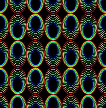 Background with abstract seamless patterns composed of ovals, simple minimalist shapes in vivid rainbow colors on black background, vector design elementのイラスト素材
