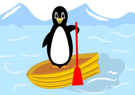 Beautiful penguin floating on a yellow inflatable boat in the Arctic Sea, joyful cute mascot, vector illustrationのイラスト素材