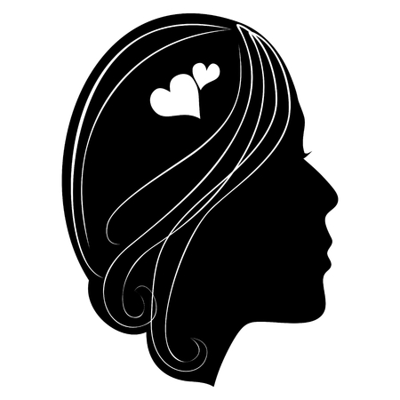 Silhouette of a girls head with classic long hair. Hairstyle decorated with hearts. Monochrome drawing, black woman profile. Motif for cosmetics etiquetteのイラスト素材