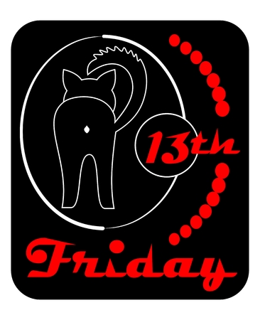 Friday 13th, satiric badge with black cat turned back, line drawing on black background with red inscriptionの写真素材