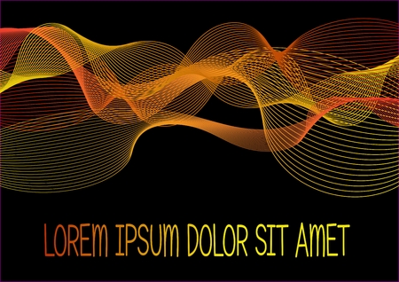 Fiery curves abstract on black background, place for own message, headline. Horizontal oriented flyer, leaflet, poster, bill or cover backgrouns. Lorem ipsum sample text. Vector illustrationのイラスト素材