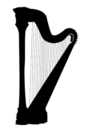 Harp isolated silhouette, musical intsrument black on white background, monochrome drawingのイラスト素材