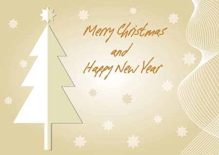 Beige christmas card with christmas tree paper cut. Inscription Merry Christmas and Happy New Year. Wavy motif and stars. Gradient background with place for own message. Vector illustrationのイラスト素材