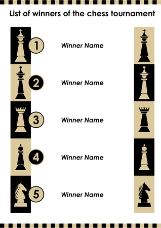 Chess tournament winner list with chess pieces, chess icon as symbols of winners, order of five namesの写真素材