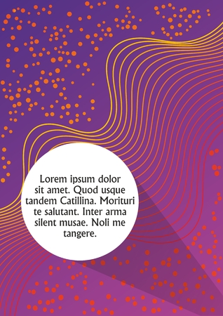 Purple and orange abstract background with wavy strips and with circle white field for own text. Book cover, scrapbook, leaflet, flyer template in trendy violet. Sample message.の写真素材