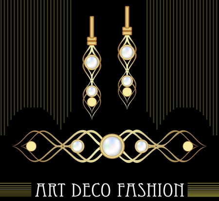 Art deco golden jewel set. Earrings and brooch with expensive pearls. Nice victorian jewellery.の写真素材