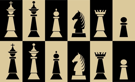Set of chess pieces on chessboard fields, white piece on black field, black piece on white fieldのイラスト素材